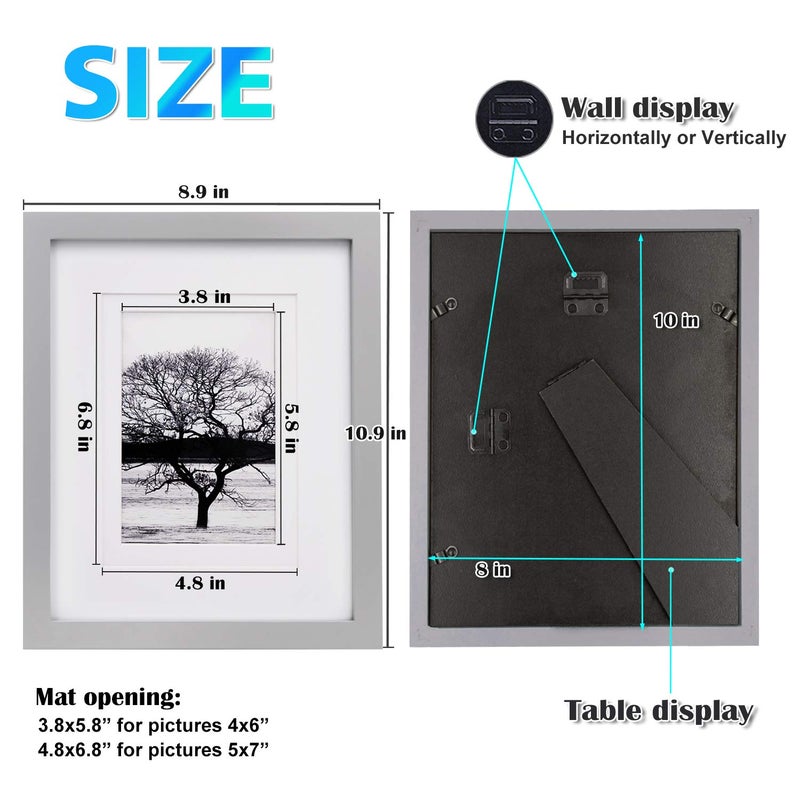 Egofine 8x10 Picture FrameMade of Solid Wood with Plexiglass, Display Pictures 4x6/5x7 with Mat or 8x10 Without Mat, for Tabletop and Wall Mounting Photo Frame, Light Gray - Image 3